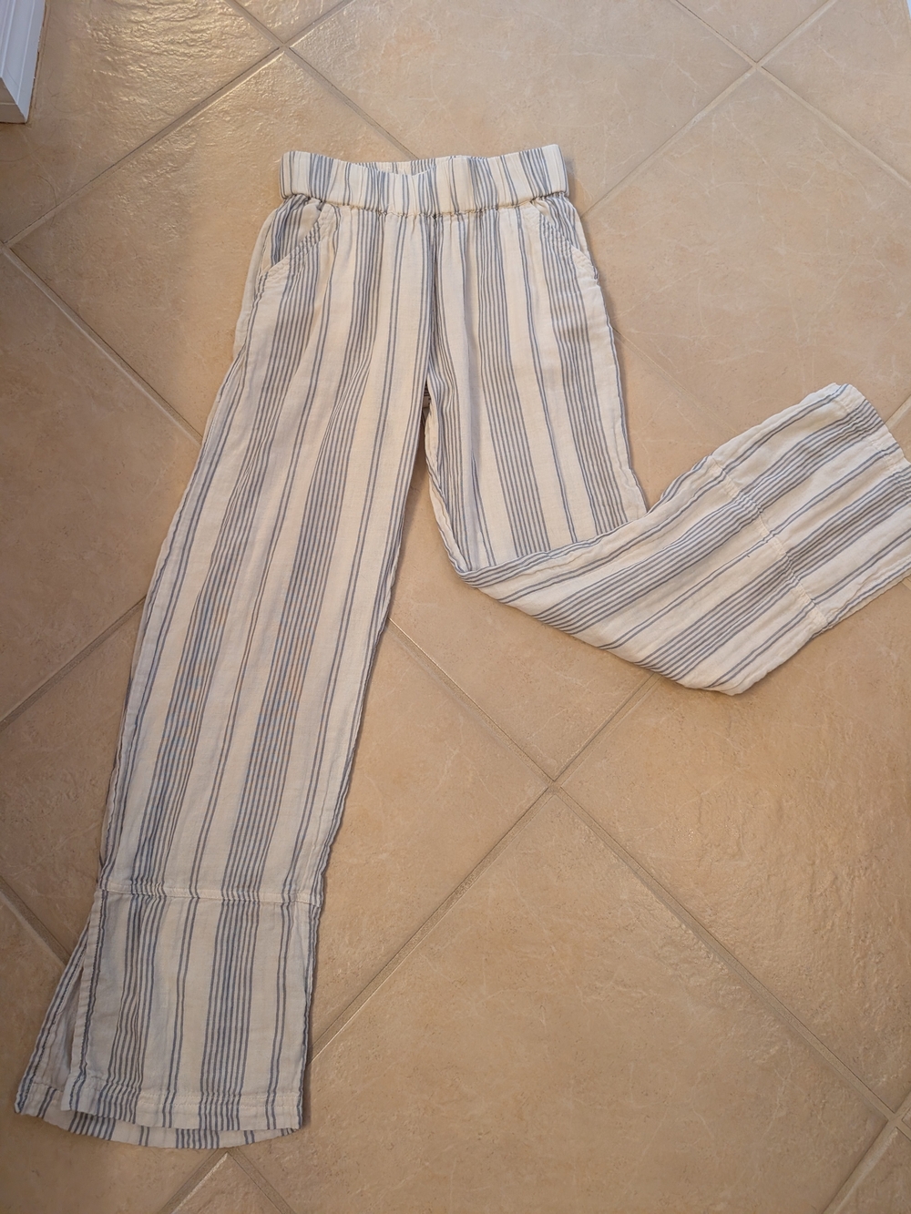 Pact Cream and Light Blue Striped Wide-Leg Pants
